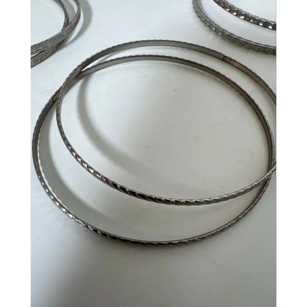 Vintage Silver Tone Textured Bangle Bracelet Set 11 Pieces Stackable Boho Etched